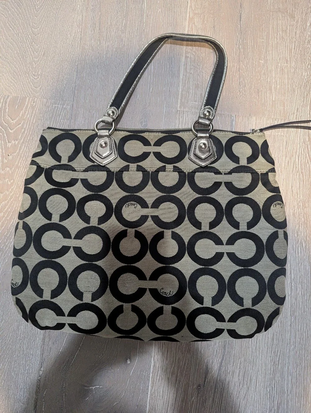 Y2K Coach Black & Gray Signature 'C' Tote with Ribbon Charm